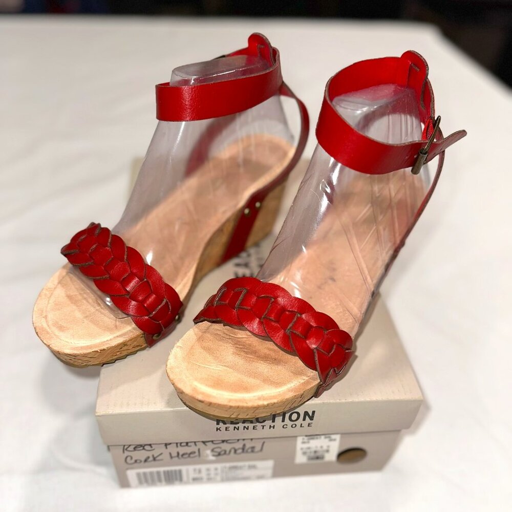 DONATED (GONE) - Kenneth Cole Red Strappy Cork Heeled Sandals